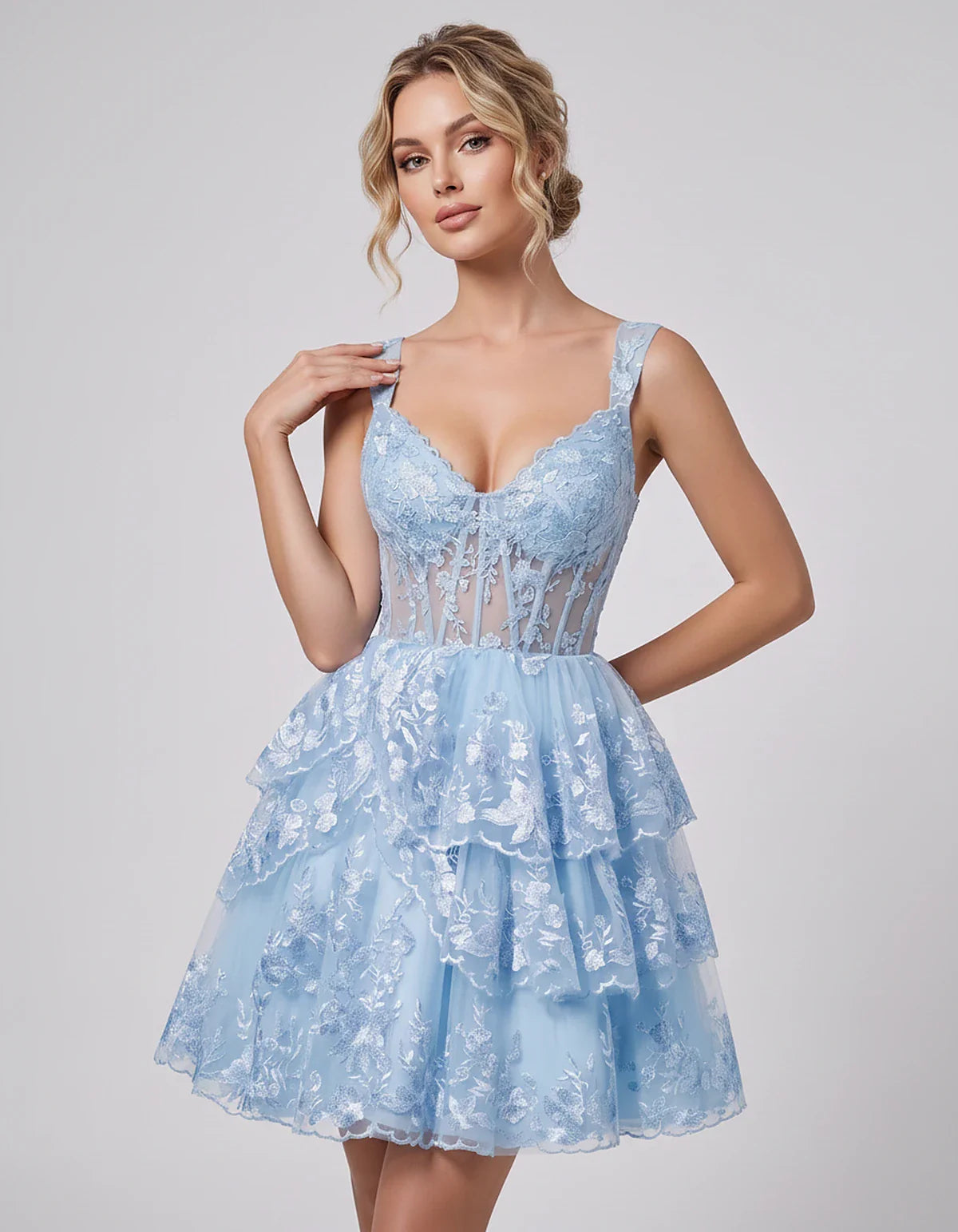 Lace & Tulle Sleeveless Sweetheart A-Line Mini Dress with Corset Bodice for Homecoming, Party, Cocktail, Evening & Wedding Gu | SKU: RMD-481950372684915-LIGHTBLUE-L,RMD-481950372684915-LIGHTBLUE-M,RMD-481950372684915-LIGHTBLUE-S,RMD-481950372684915-LIGHTBLUE-XL,RMD-481950372684915-LIGHTBLUE-XS