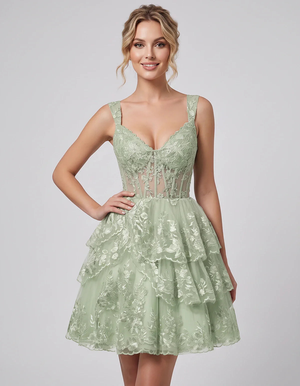 Lace & Tulle Sleeveless Sweetheart A-Line Mini Dress with Corset Bodice for Homecoming, Party, Cocktail, Evening & Wedding Gu | SKU: RMD-481950372684915-SAGE-L,RMD-481950372684915-SAGE-M,RMD-481950372684915-SAGE-S,RMD-481950372684915-SAGE-XL,RMD-481950372684915-SAGE-XS