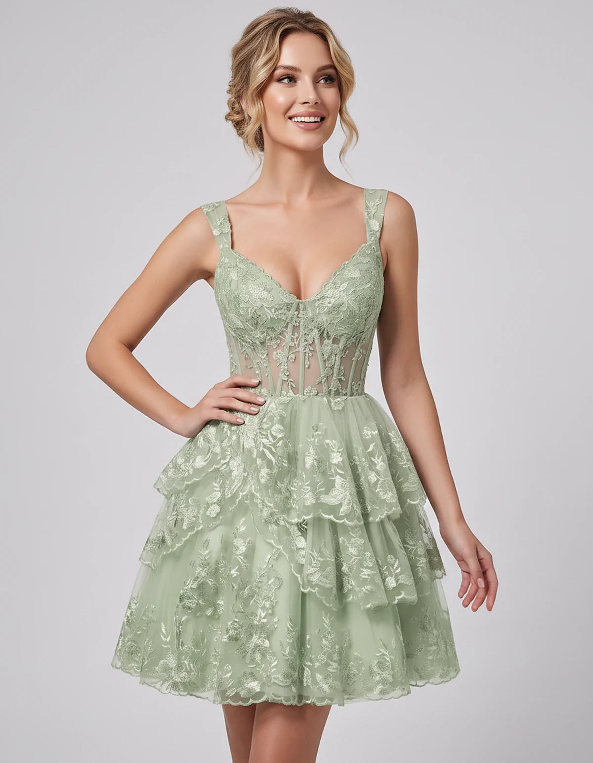 Lace & Tulle Sleeveless Sweetheart A-Line Mini Dress with Corset Bodice for Homecoming, Party, Cocktail, Evening & Wedding Gu | SKU: RMD-481950372684915-SAGE-L,RMD-481950372684915-SAGE-M,RMD-481950372684915-SAGE-S,RMD-481950372684915-SAGE-XL,RMD-481950372684915-SAGE-XS