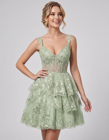 Lace & Tulle Sleeveless Sweetheart A-Line Mini Dress with Corset Bodice for Homecoming, Party, Cocktail, Evening & Wedding Gu | SKU: RMD-481950372684915-SAGE-L,RMD-481950372684915-SAGE-M,RMD-481950372684915-SAGE-S,RMD-481950372684915-SAGE-XL,RMD-481950372684915-SAGE-XS