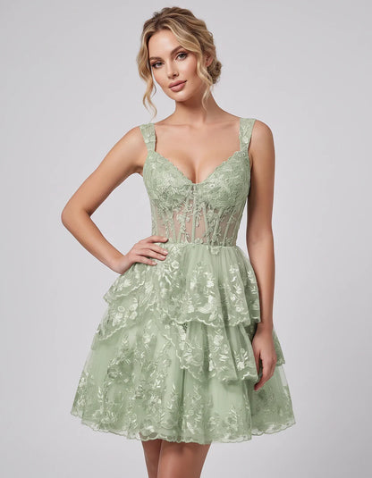 Lace & Tulle Sleeveless Sweetheart A-Line Mini Dress with Corset Bodice for Homecoming, Party, Cocktail, Evening & Wedding Gu | SKU: RMD-481950372684915-SAGE-L,RMD-481950372684915-SAGE-M,RMD-481950372684915-SAGE-S,RMD-481950372684915-SAGE-XL,RMD-481950372684915-SAGE-XS