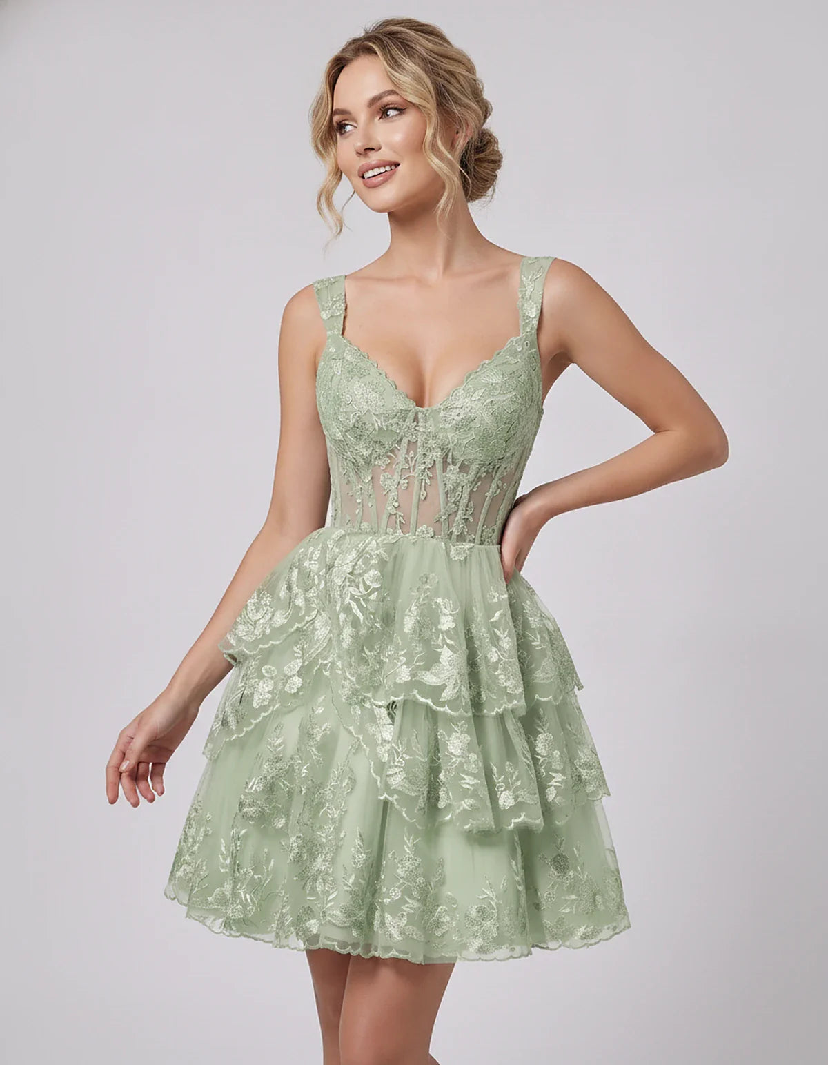 Lace & Tulle Sleeveless Sweetheart A-Line Mini Dress with Corset Bodice for Homecoming, Party, Cocktail, Evening & Wedding Gu | SKU: RMD-481950372684915-SAGE-L,RMD-481950372684915-SAGE-M,RMD-481950372684915-SAGE-S,RMD-481950372684915-SAGE-XL,RMD-481950372684915-SAGE-XS