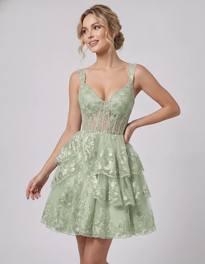 Lace & Tulle Sleeveless Sweetheart A-Line Mini Dress with Corset Bodice for Homecoming, Party, Cocktail, Evening & Wedding Gu | SKU: RMD-481950372684915-SAGE-L,RMD-481950372684915-SAGE-M,RMD-481950372684915-SAGE-S,RMD-481950372684915-SAGE-XL,RMD-481950372684915-SAGE-XS