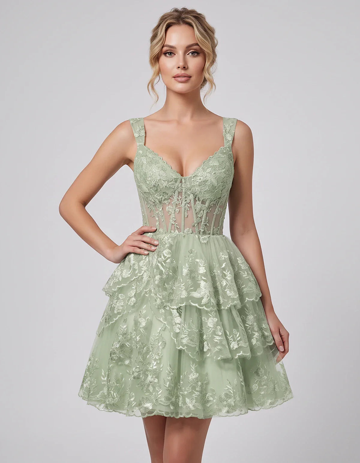 Lace & Tulle Sleeveless Sweetheart A-Line Mini Dress with Corset Bodice for Homecoming, Party, Cocktail, Evening & Wedding Gu | SKU: RMD-481950372684915-SAGE-L,RMD-481950372684915-SAGE-M,RMD-481950372684915-SAGE-S,RMD-481950372684915-SAGE-XL,RMD-481950372684915-SAGE-XS