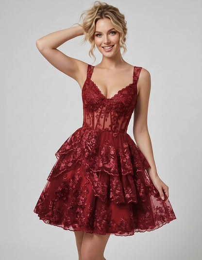 Lace & Tulle Sleeveless Sweetheart A-Line Mini Dress with Corset Bodice for Homecoming, Party, Cocktail, Evening & Wedding Gu | SKU: RMD-481950372684915-WINE-L,RMD-481950372684915-WINE-M,RMD-481950372684915-WINE-S,RMD-481950372684915-WINE-XL,RMD-481950372684915-WINE-XS