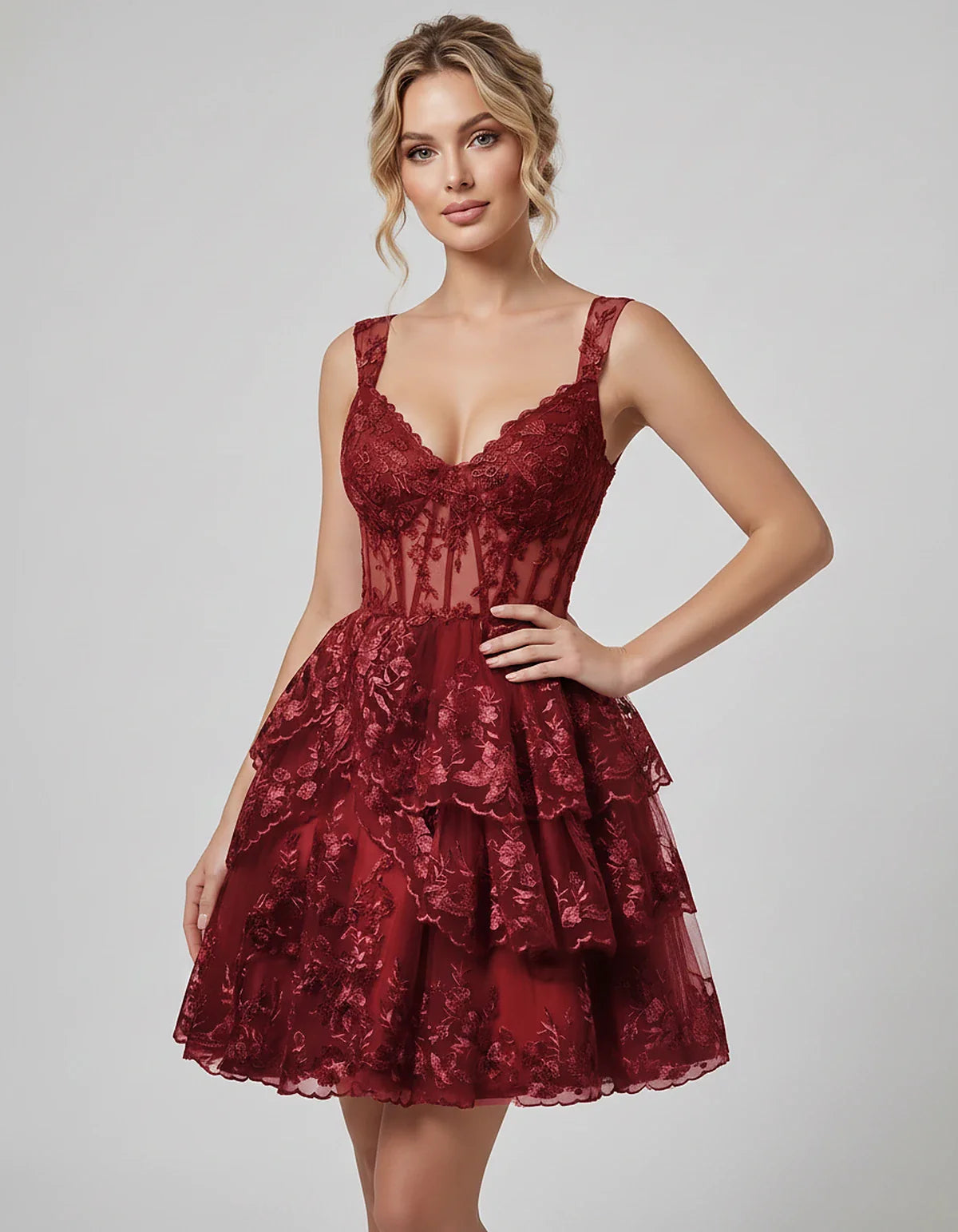 Lace & Tulle Sleeveless Sweetheart A-Line Mini Dress with Corset Bodice for Homecoming, Party, Cocktail, Evening & Wedding Gu | SKU: RMD-481950372684915-WINE-L,RMD-481950372684915-WINE-M,RMD-481950372684915-WINE-S,RMD-481950372684915-WINE-XL,RMD-481950372684915-WINE-XS