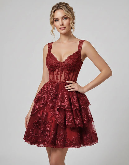 Lace & Tulle Sleeveless Sweetheart A-Line Mini Dress with Corset Bodice for Homecoming, Party, Cocktail, Evening & Wedding Gu | SKU: RMD-481950372684915-WINE-L,RMD-481950372684915-WINE-M,RMD-481950372684915-WINE-S,RMD-481950372684915-WINE-XL,RMD-481950372684915-WINE-XS