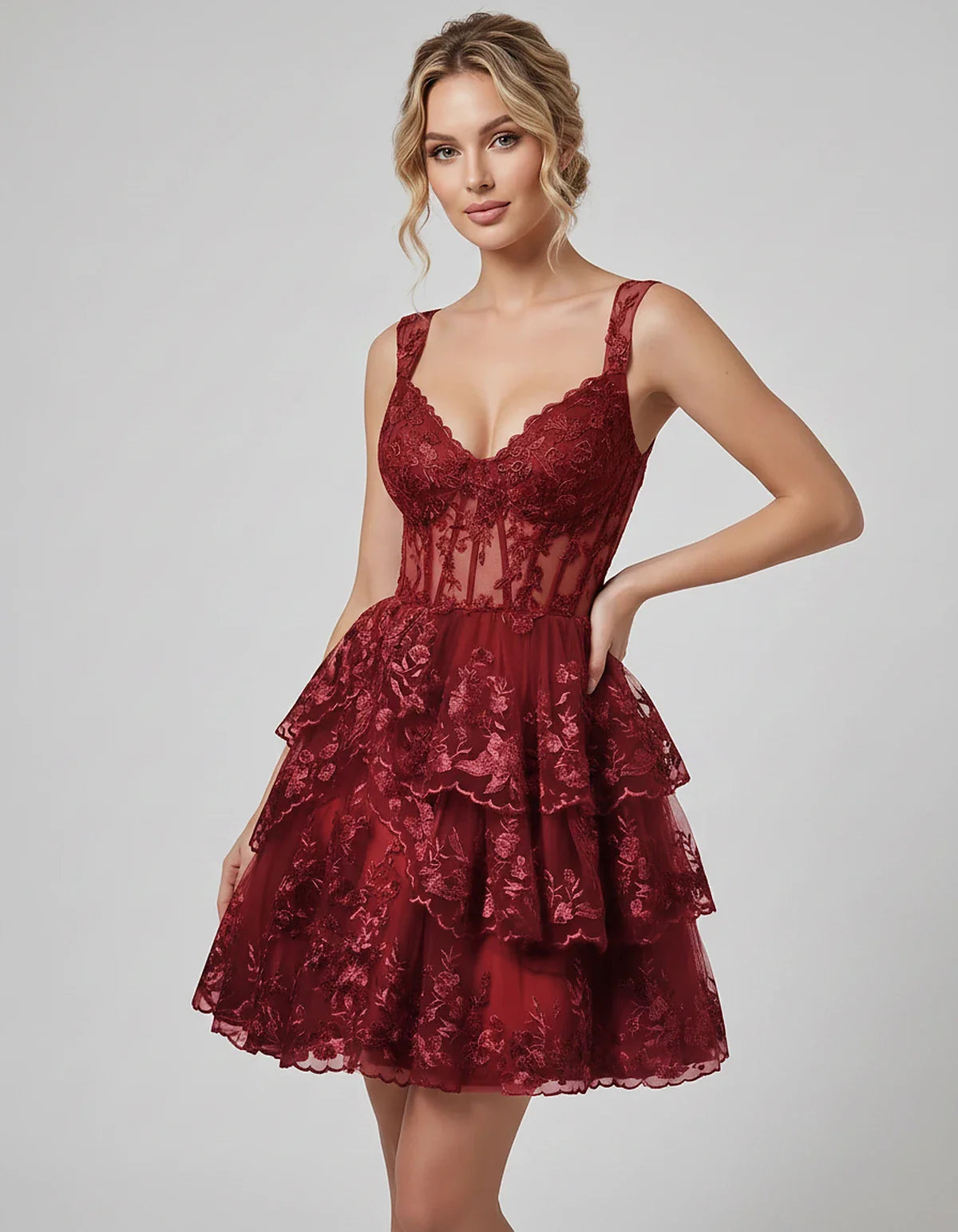 Lace & Tulle Sleeveless Sweetheart A-Line Mini Dress with Corset Bodice for Homecoming, Party, Cocktail, Evening & Wedding Gu | SKU: RMD-481950372684915-WINE-L,RMD-481950372684915-WINE-M,RMD-481950372684915-WINE-S,RMD-481950372684915-WINE-XL,RMD-481950372684915-WINE-XS