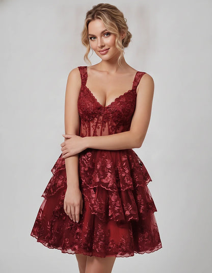Lace & Tulle Sleeveless Sweetheart A-Line Mini Dress with Corset Bodice for Homecoming, Party, Cocktail, Evening & Wedding Gu | SKU: RMD-481950372684915-WINE-L,RMD-481950372684915-WINE-M,RMD-481950372684915-WINE-S,RMD-481950372684915-WINE-XL,RMD-481950372684915-WINE-XS