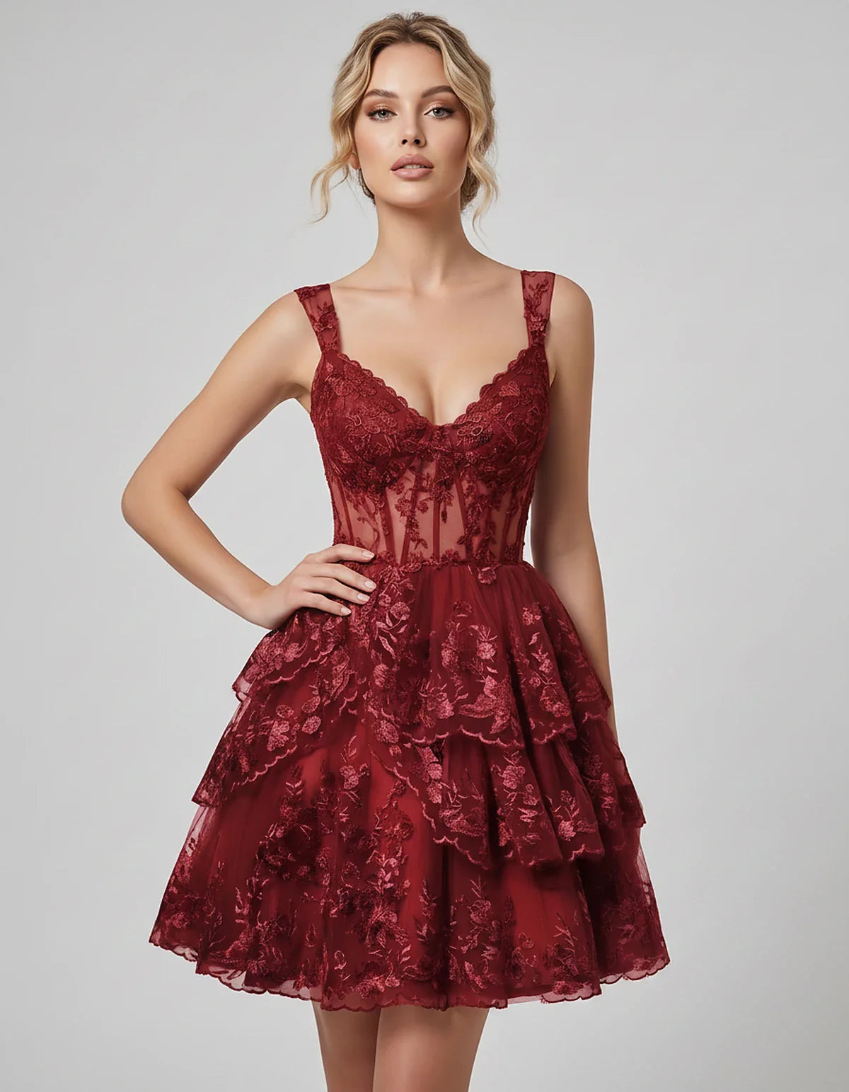 Lace & Tulle Sleeveless Sweetheart A-Line Mini Dress with Corset Bodice for Homecoming, Party, Cocktail, Evening & Wedding Gu | SKU: RMD-481950372684915-WINE-L,RMD-481950372684915-WINE-M,RMD-481950372684915-WINE-S,RMD-481950372684915-WINE-XL,RMD-481950372684915-WINE-XS