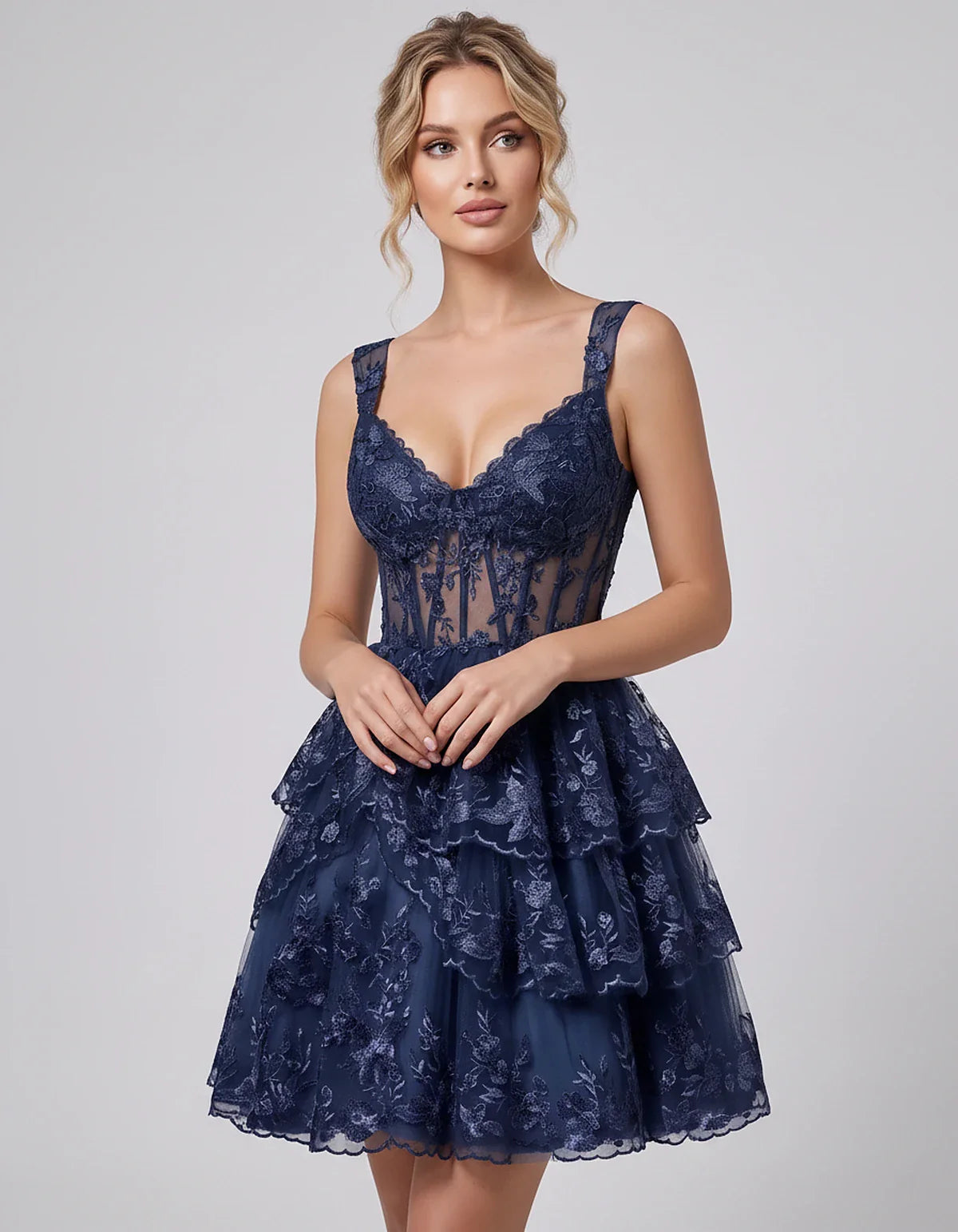 Lace & Tulle Sleeveless Sweetheart A-Line Mini Dress with Corset Bodice for Homecoming, Party, Cocktail, Evening & Wedding Gu | SKU: RMD-481950372684915-NAVY-L,RMD-481950372684915-NAVY-M,RMD-481950372684915-NAVY-S,RMD-481950372684915-NAVY-XL,RMD-481950372684915-NAVY-XS