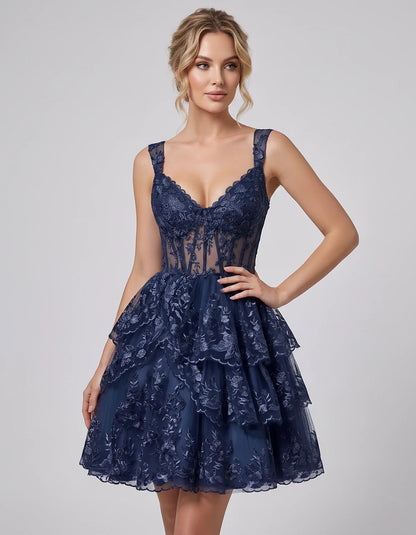 Lace & Tulle Sleeveless Sweetheart A-Line Mini Dress with Corset Bodice for Homecoming, Party, Cocktail, Evening & Wedding Gu | SKU: RMD-481950372684915-NAVY-L,RMD-481950372684915-NAVY-M,RMD-481950372684915-NAVY-S,RMD-481950372684915-NAVY-XL,RMD-481950372684915-NAVY-XS