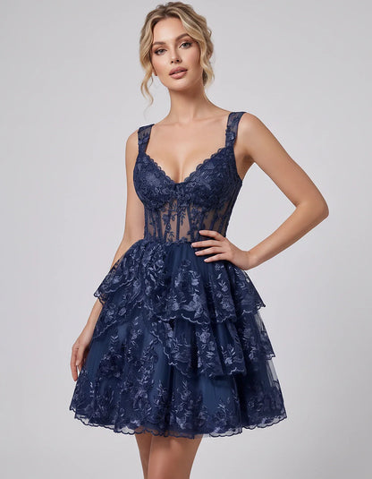 Lace & Tulle Sleeveless Sweetheart A-Line Mini Dress with Corset Bodice for Homecoming, Party, Cocktail, Evening & Wedding Gu | SKU: RMD-481950372684915-NAVY-L,RMD-481950372684915-NAVY-M,RMD-481950372684915-NAVY-S,RMD-481950372684915-NAVY-XL,RMD-481950372684915-NAVY-XS