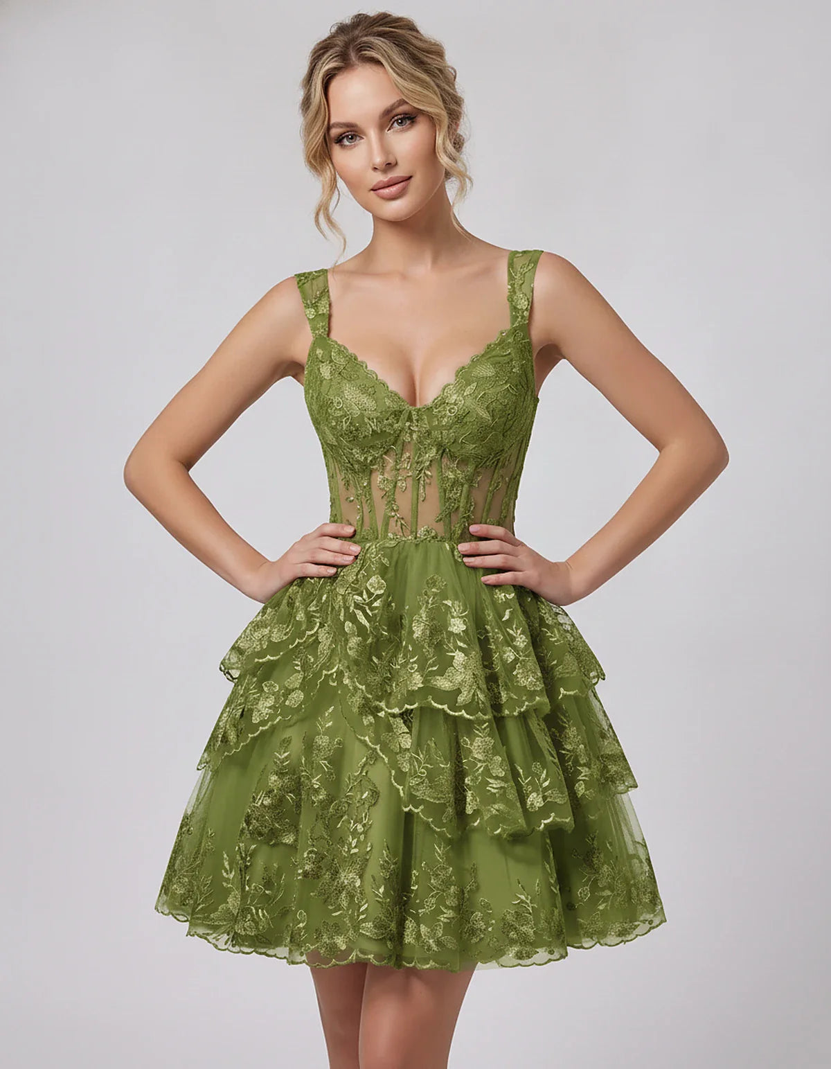 Lace & Tulle Sleeveless Sweetheart A-Line Mini Dress with Corset Bodice for Homecoming, Party, Cocktail, Evening & Wedding Gu | SKU: RMD-481950372684915-OLIVE-L,RMD-481950372684915-OLIVE-M,RMD-481950372684915-OLIVE-S,RMD-481950372684915-OLIVE-XL,RMD-481950372684915-OLIVE-XS