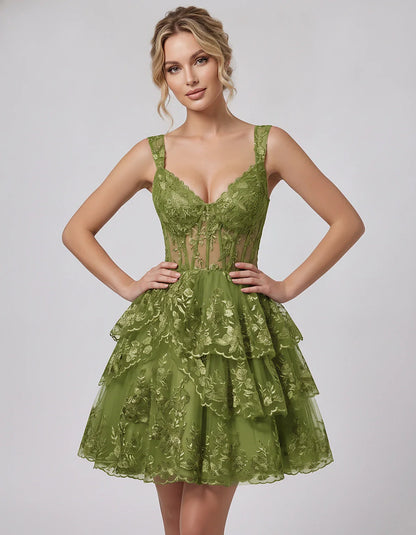 Lace & Tulle Sleeveless Sweetheart A-Line Mini Dress with Corset Bodice for Homecoming, Party, Cocktail, Evening & Wedding Gu | SKU: RMD-481950372684915-OLIVE-L,RMD-481950372684915-OLIVE-M,RMD-481950372684915-OLIVE-S,RMD-481950372684915-OLIVE-XL,RMD-481950372684915-OLIVE-XS