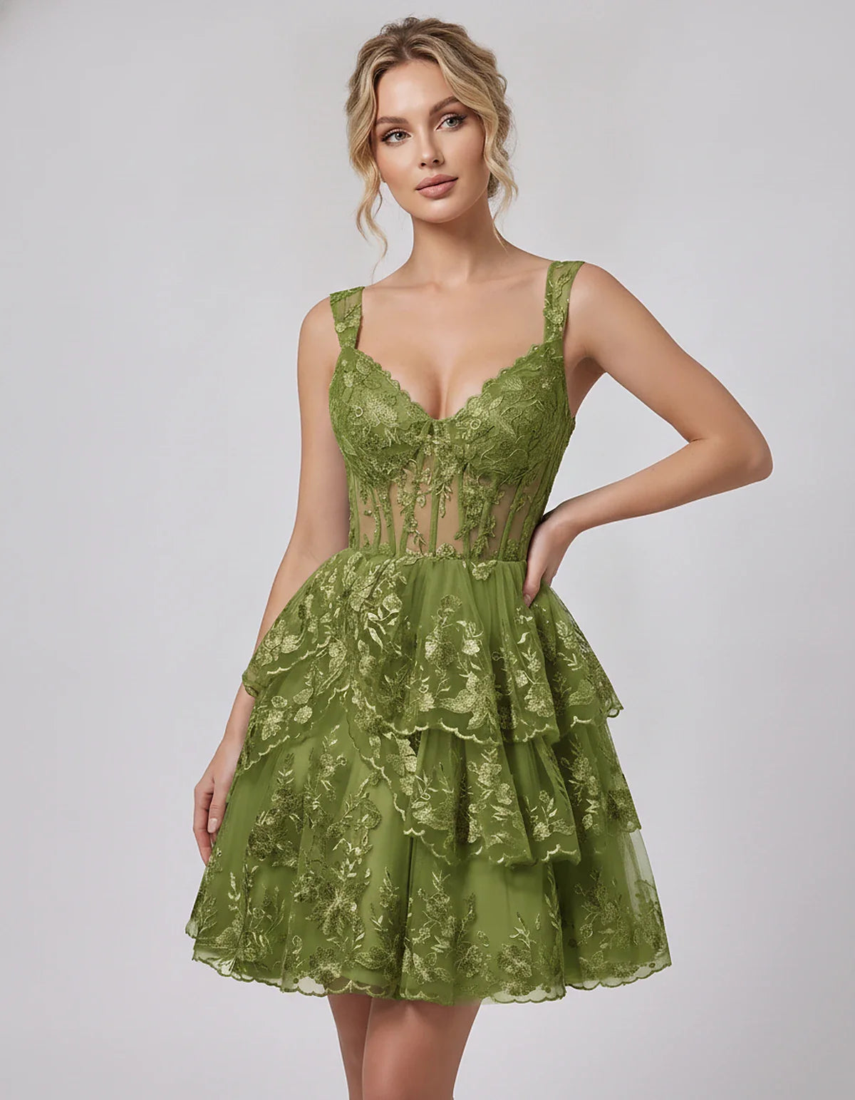 Lace & Tulle Sleeveless Sweetheart A-Line Mini Dress with Corset Bodice for Homecoming, Party, Cocktail, Evening & Wedding Gu | SKU: RMD-481950372684915-OLIVE-L,RMD-481950372684915-OLIVE-M,RMD-481950372684915-OLIVE-S,RMD-481950372684915-OLIVE-XL,RMD-481950372684915-OLIVE-XS