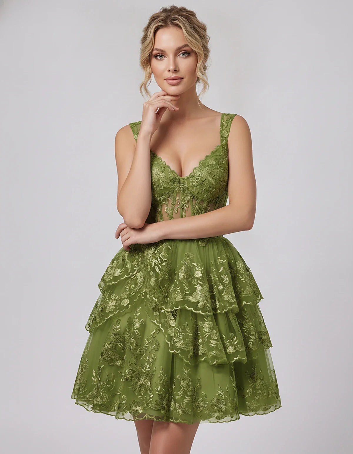 Lace & Tulle Sleeveless Sweetheart A-Line Mini Dress with Corset Bodice for Homecoming, Party, Cocktail, Evening & Wedding Gu | SKU: RMD-481950372684915-OLIVE-L,RMD-481950372684915-OLIVE-M,RMD-481950372684915-OLIVE-S,RMD-481950372684915-OLIVE-XL,RMD-481950372684915-OLIVE-XS