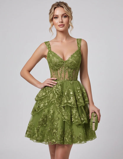 Lace & Tulle Sleeveless Sweetheart A-Line Mini Dress with Corset Bodice for Homecoming, Party, Cocktail, Evening & Wedding Gu | SKU: RMD-481950372684915-OLIVE-L,RMD-481950372684915-OLIVE-M,RMD-481950372684915-OLIVE-S,RMD-481950372684915-OLIVE-XL,RMD-481950372684915-OLIVE-XS