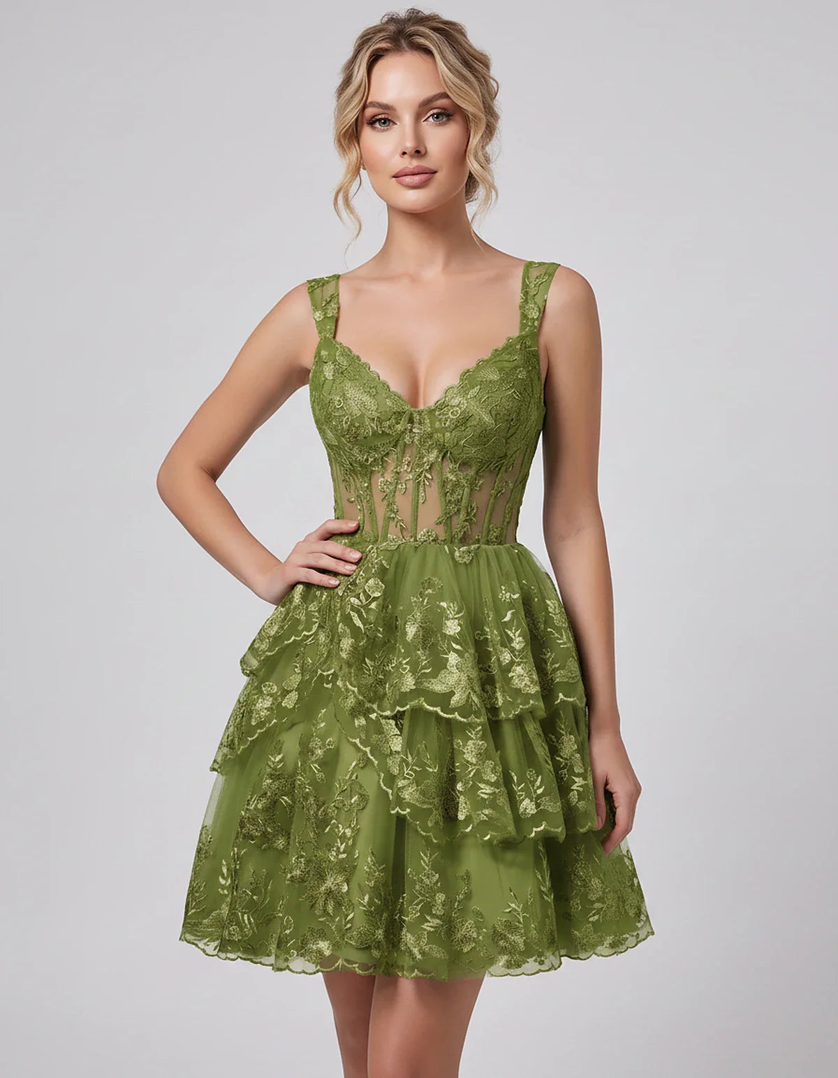 Lace & Tulle Sleeveless Sweetheart A-Line Mini Dress with Corset Bodice for Homecoming, Party, Cocktail, Evening & Wedding Gu | SKU: RMD-481950372684915-OLIVE-L,RMD-481950372684915-OLIVE-M,RMD-481950372684915-OLIVE-S,RMD-481950372684915-OLIVE-XL,RMD-481950372684915-OLIVE-XS