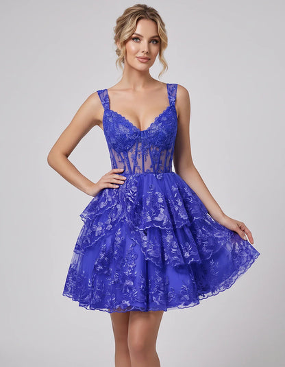 Lace & Tulle Sleeveless Sweetheart A-Line Mini Dress with Corset Bodice for Homecoming, Party, Cocktail, Evening & Wedding Gu | SKU: RMD-481950372684915-ROYALBLUE-L,RMD-481950372684915-ROYALBLUE-M,RMD-481950372684915-ROYALBLUE-S,RMD-481950372684915-ROYALBLUE-XL,RMD-481950372684915-ROYALBLUE-XS