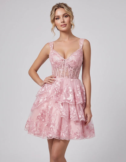 Lace & Tulle Sleeveless Sweetheart A-Line Mini Dress with Corset Bodice for Homecoming, Party, Cocktail, Evening & Wedding Gu | SKU: RMD-481950372684915-PINK-L,RMD-481950372684915-PINK-M,RMD-481950372684915-PINK-S,RMD-481950372684915-PINK-XL,RMD-481950372684915-PINK-XS