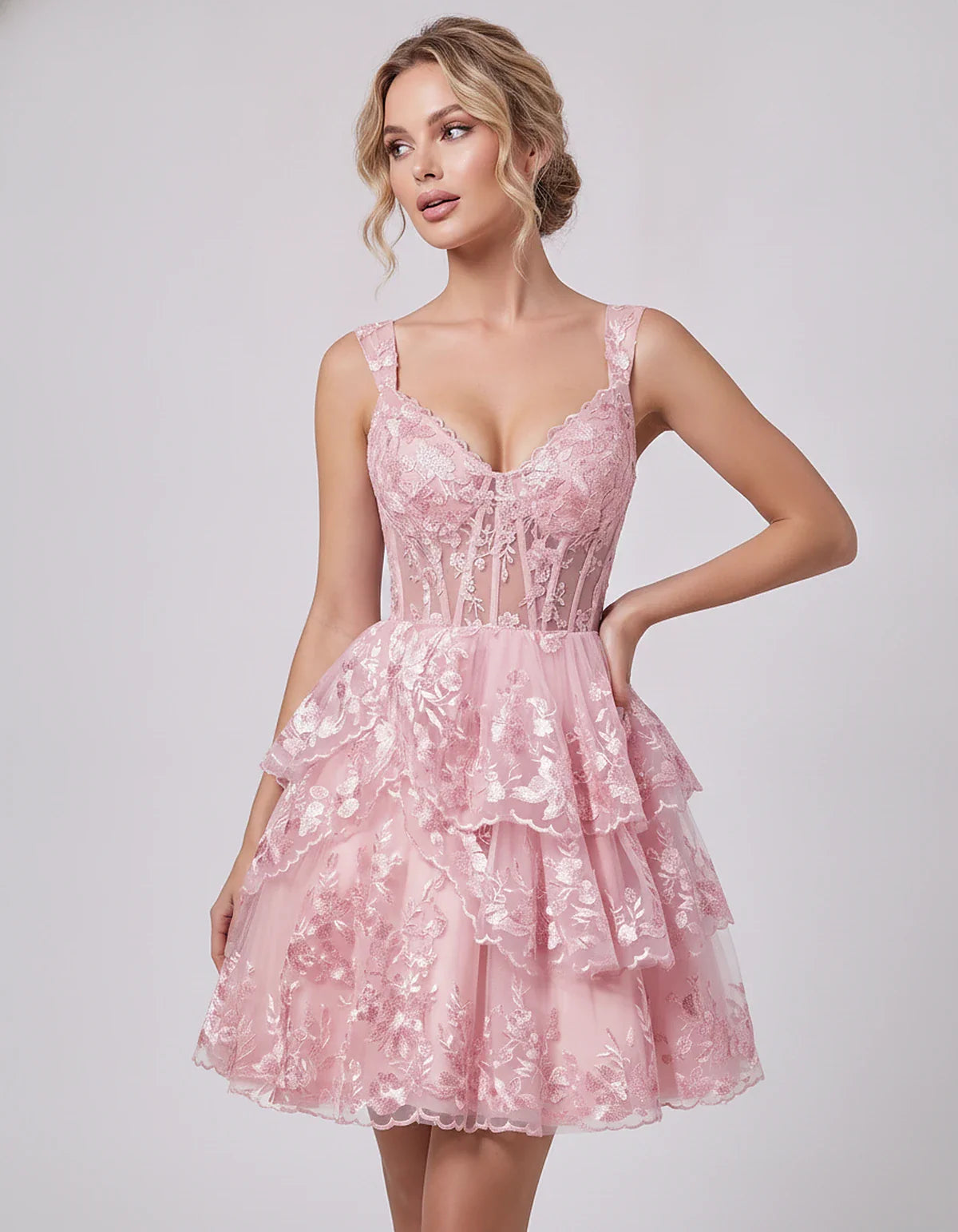 Lace & Tulle Sleeveless Sweetheart A-Line Mini Dress with Corset Bodice for Homecoming, Party, Cocktail, Evening & Wedding Gu | SKU: RMD-481950372684915-PINK-L,RMD-481950372684915-PINK-M,RMD-481950372684915-PINK-S,RMD-481950372684915-PINK-XL,RMD-481950372684915-PINK-XS