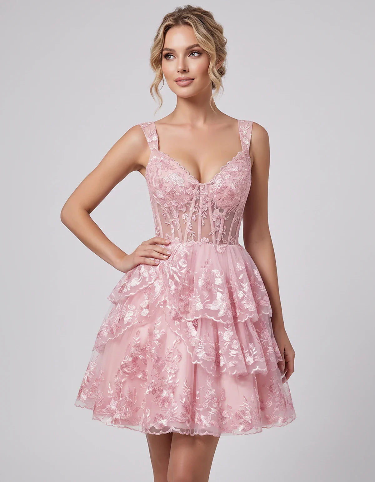 Lace & Tulle Sleeveless Sweetheart A-Line Mini Dress with Corset Bodice for Homecoming, Party, Cocktail, Evening & Wedding Gu | SKU: RMD-481950372684915-PINK-L,RMD-481950372684915-PINK-M,RMD-481950372684915-PINK-S,RMD-481950372684915-PINK-XL,RMD-481950372684915-PINK-XS