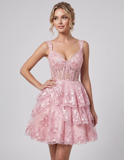 Lace & Tulle Sleeveless Sweetheart A-Line Mini Dress with Corset Bodice for Homecoming, Party, Cocktail, Evening & Wedding Gu | SKU: RMD-481950372684915-PINK-L,RMD-481950372684915-PINK-M,RMD-481950372684915-PINK-S,RMD-481950372684915-PINK-XL,RMD-481950372684915-PINK-XS