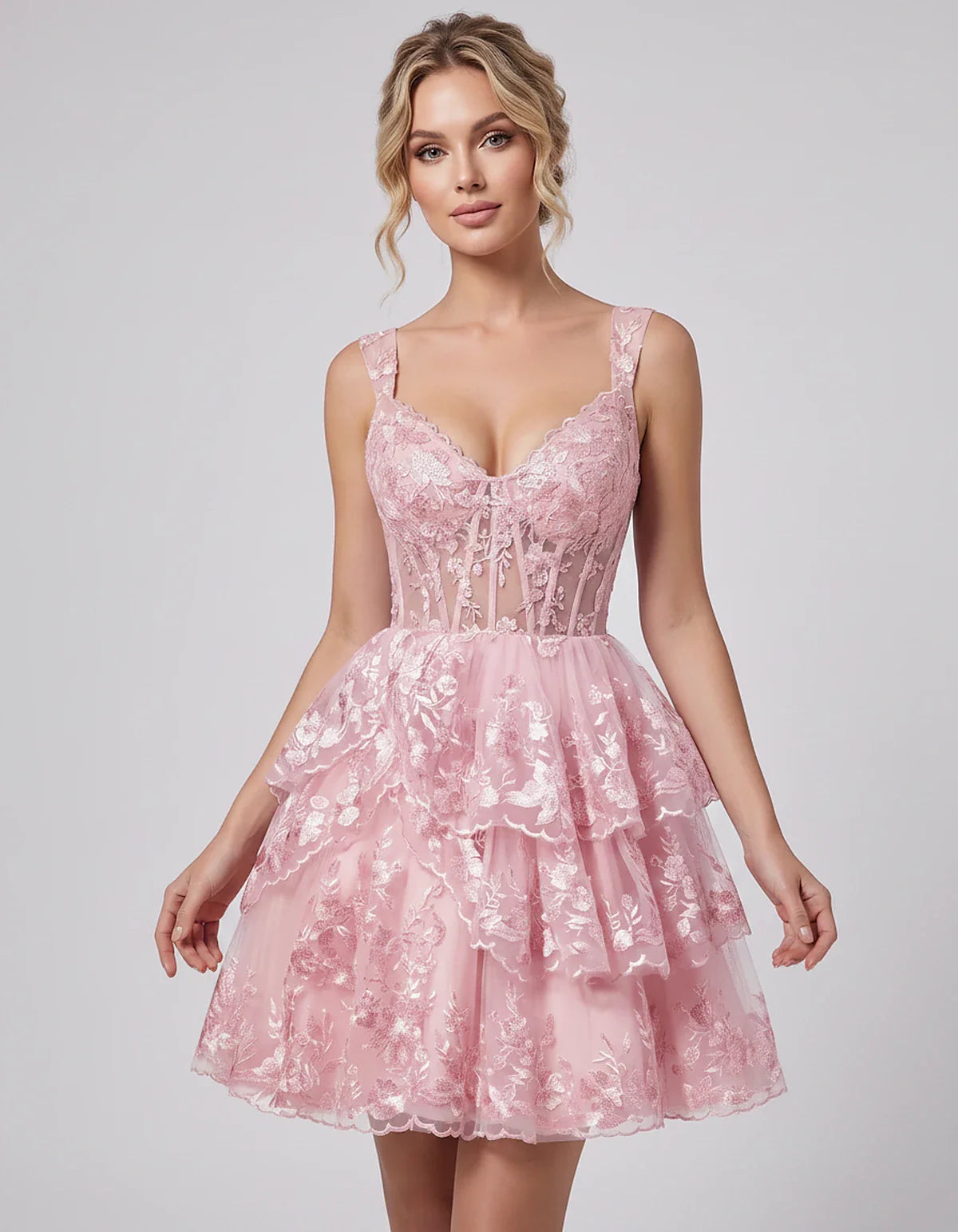 Lace & Tulle Sleeveless Sweetheart A-Line Mini Dress with Corset Bodice for Homecoming, Party, Cocktail, Evening & Wedding Gu | SKU: RMD-481950372684915-PINK-L,RMD-481950372684915-PINK-M,RMD-481950372684915-PINK-S,RMD-481950372684915-PINK-XL,RMD-481950372684915-PINK-XS