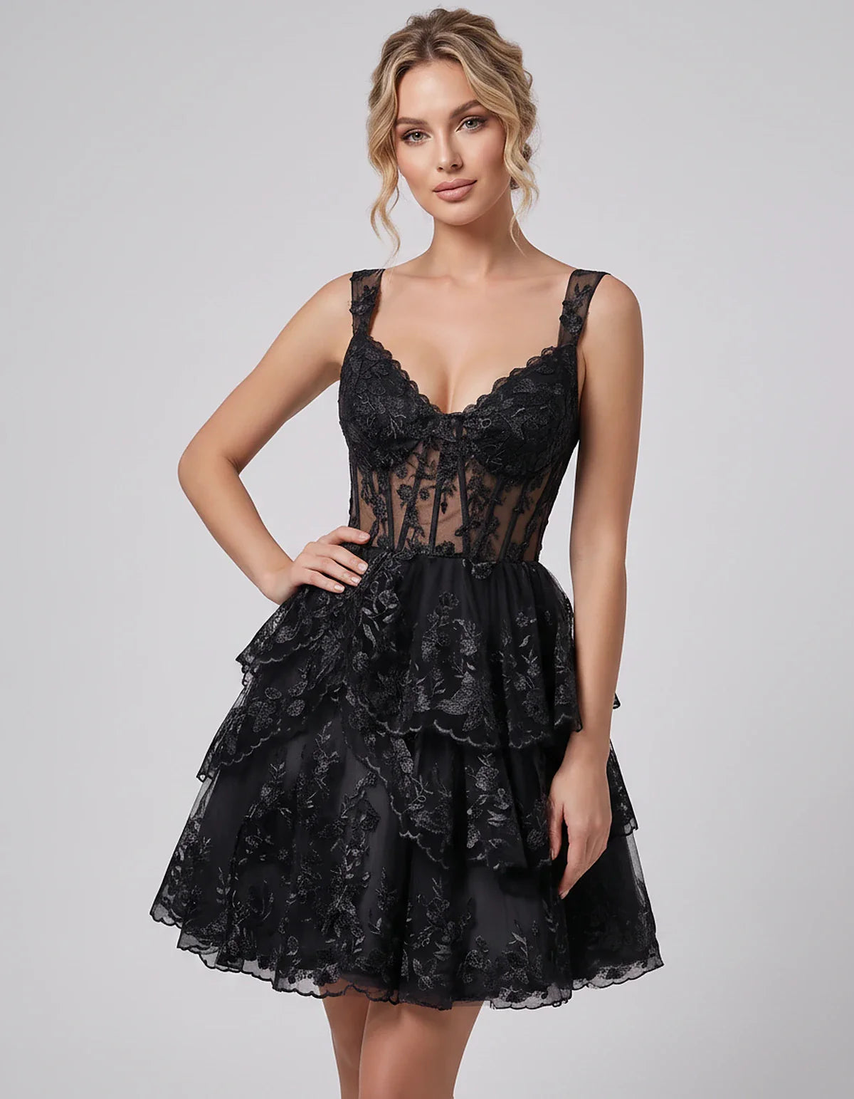 Lace & Tulle Sleeveless Sweetheart A-Line Mini Dress with Corset Bodice for Homecoming, Party, Cocktail, Evening & Wedding Gu | SKU: RMD-481950372684915-BLACK-L,RMD-481950372684915-BLACK-M,RMD-481950372684915-BLACK-S,RMD-481950372684915-BLACK-XL,RMD-481950372684915-BLACK-XS