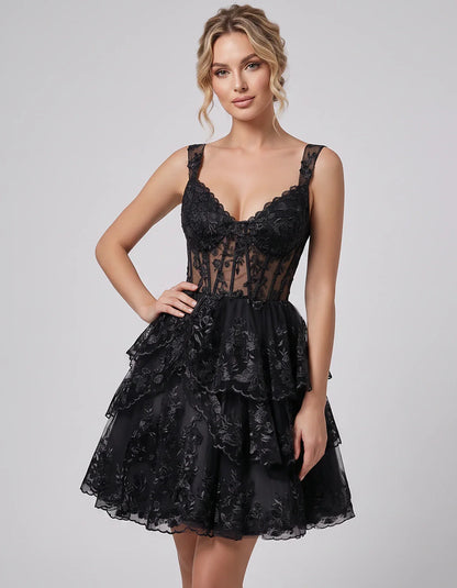 Lace & Tulle Sleeveless Sweetheart A-Line Mini Dress with Corset Bodice for Homecoming, Party, Cocktail, Evening & Wedding Gu | SKU: RMD-481950372684915-BLACK-L,RMD-481950372684915-BLACK-M,RMD-481950372684915-BLACK-S,RMD-481950372684915-BLACK-XL,RMD-481950372684915-BLACK-XS