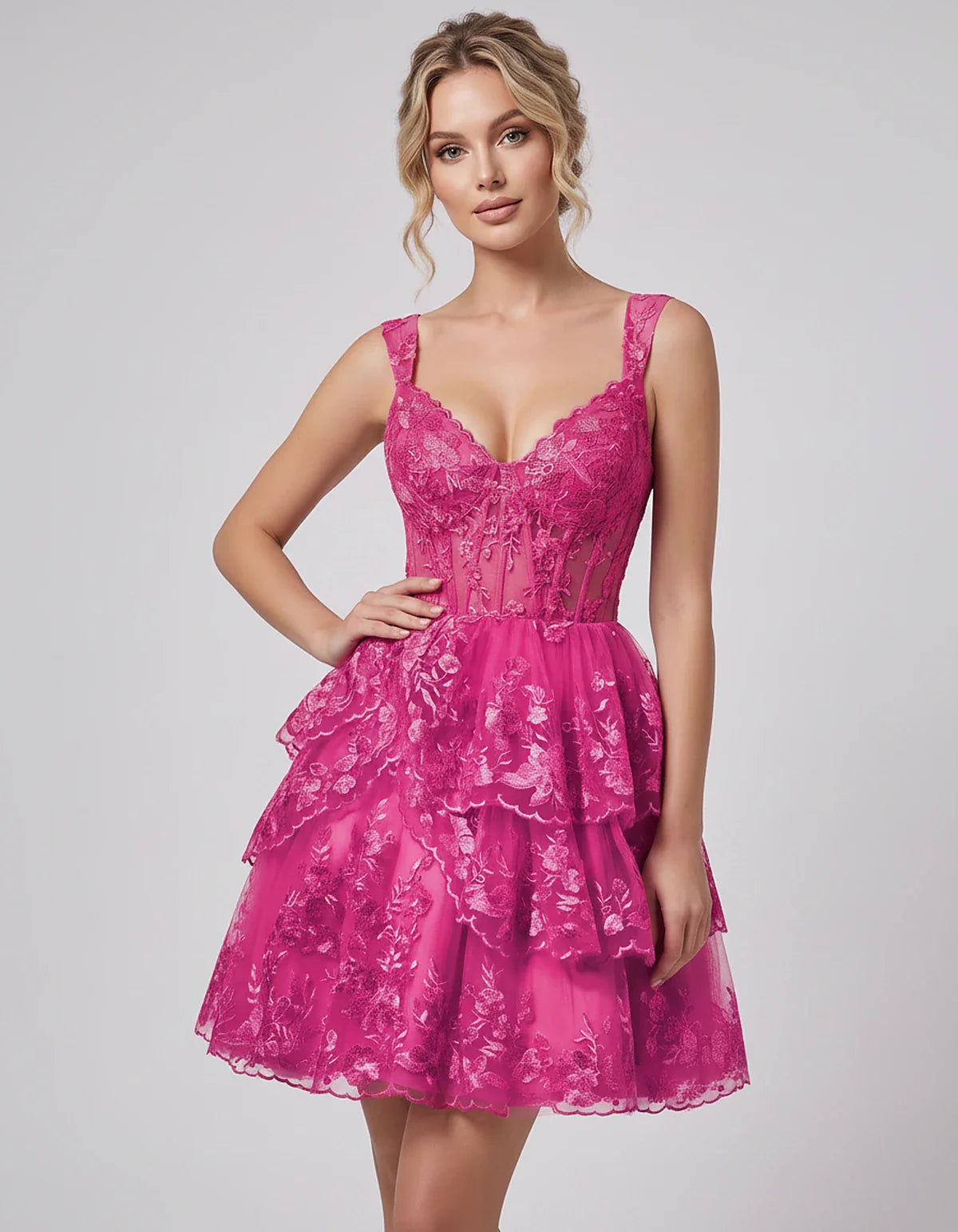 Lace & Tulle Sleeveless Sweetheart A-Line Mini Dress with Corset Bodice for Homecoming, Party, Cocktail, Evening & Wedding Gu | SKU: RMD-481950372684915-FUCHSIA-L,RMD-481950372684915-FUCHSIA-M,RMD-481950372684915-FUCHSIA-S,RMD-481950372684915-FUCHSIA-XL,RMD-481950372684915-FUCHSIA-XS