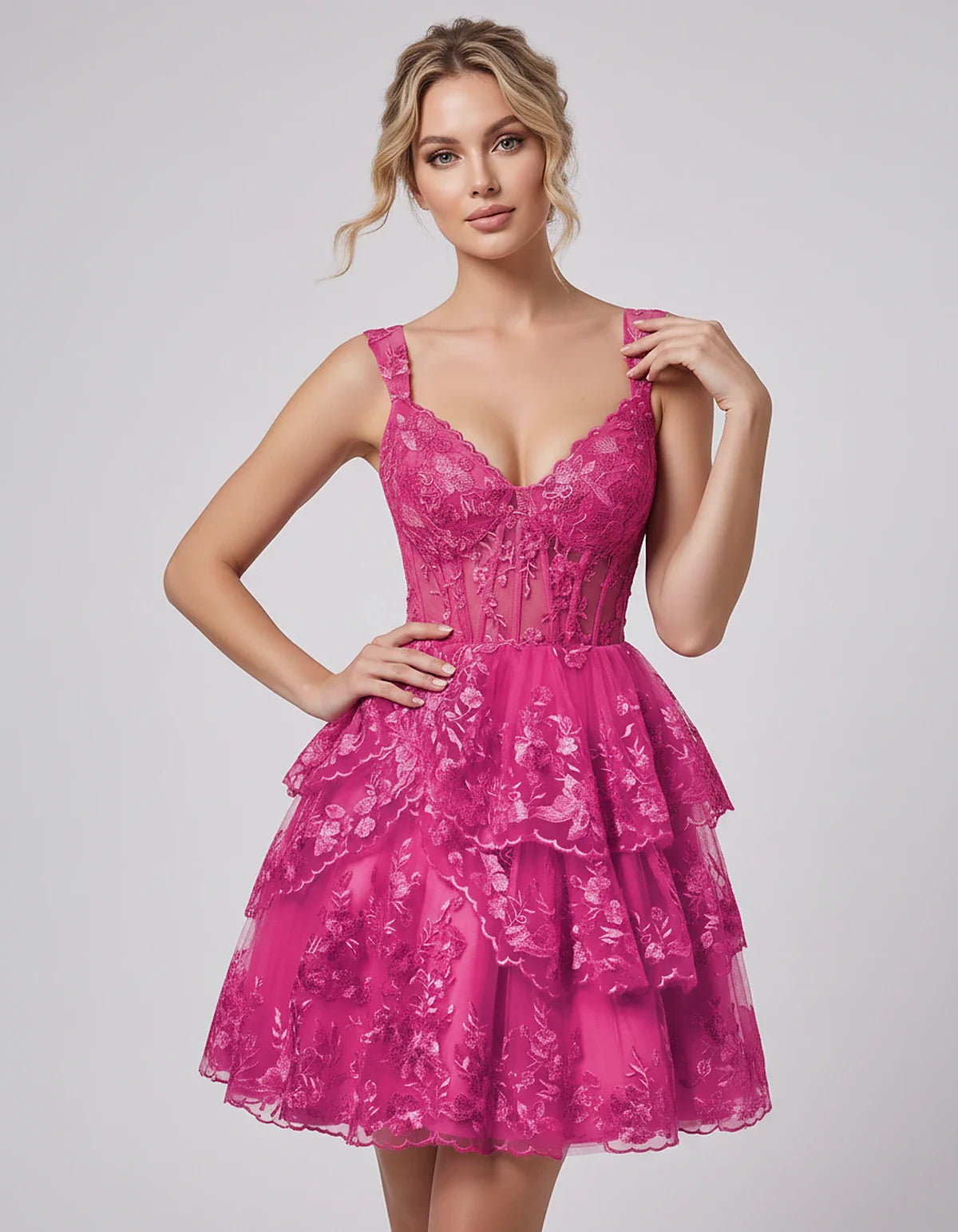 Lace & Tulle Sleeveless Sweetheart A-Line Mini Dress with Corset Bodice for Homecoming, Party, Cocktail, Evening & Wedding Gu | SKU: RMD-481950372684915-FUCHSIA-L,RMD-481950372684915-FUCHSIA-M,RMD-481950372684915-FUCHSIA-S,RMD-481950372684915-FUCHSIA-XL,RMD-481950372684915-FUCHSIA-XS