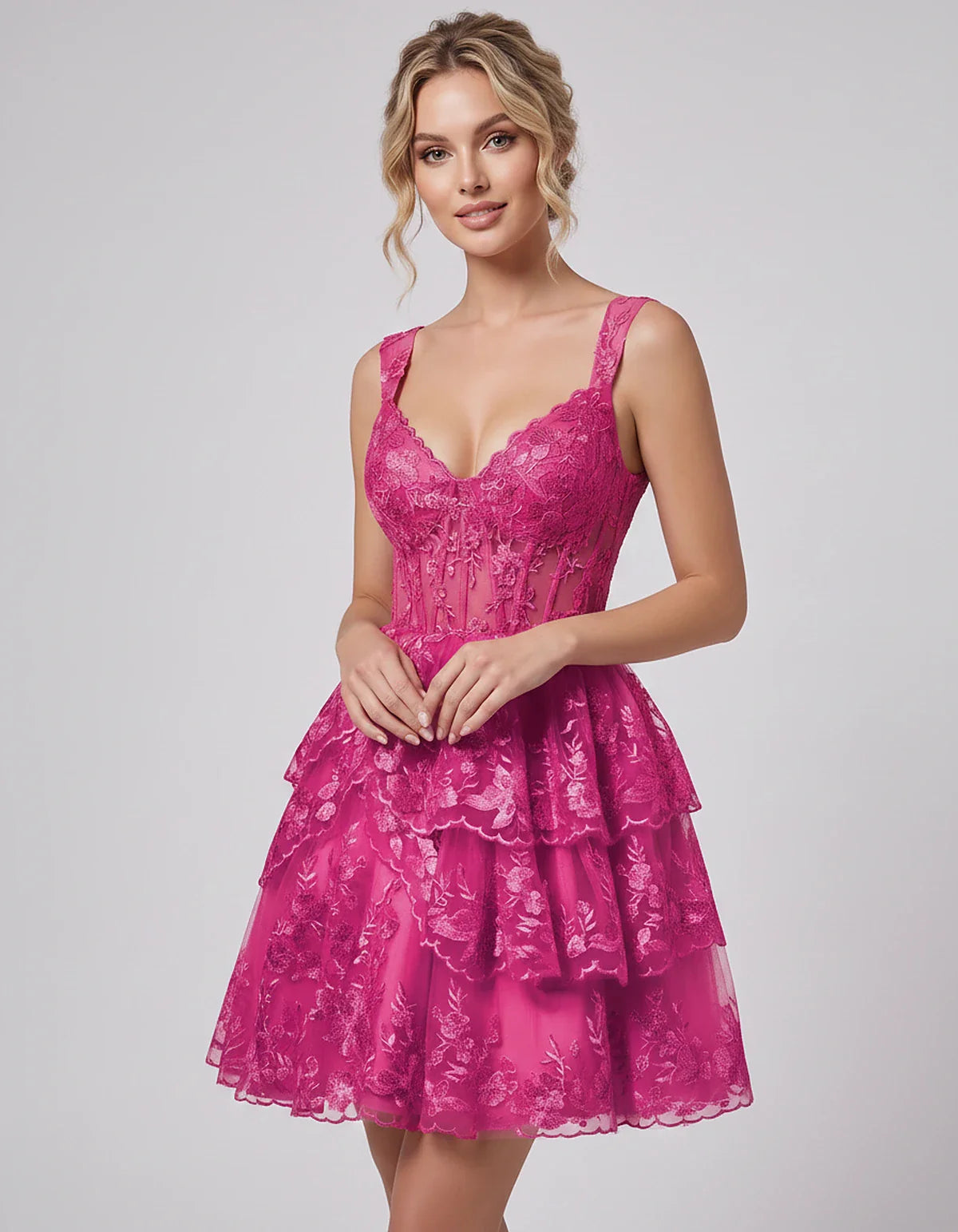 Lace & Tulle Sleeveless Sweetheart A-Line Mini Dress with Corset Bodice for Homecoming, Party, Cocktail, Evening & Wedding Gu | SKU: RMD-481950372684915-FUCHSIA-L,RMD-481950372684915-FUCHSIA-M,RMD-481950372684915-FUCHSIA-S,RMD-481950372684915-FUCHSIA-XL,RMD-481950372684915-FUCHSIA-XS