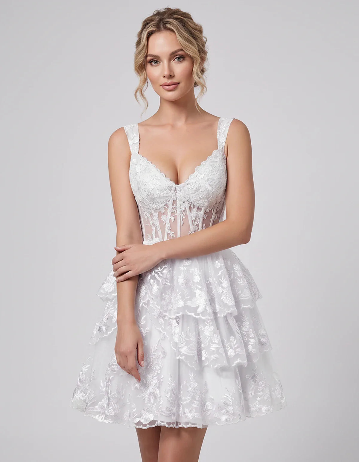 Lace & Tulle Sleeveless Sweetheart A-Line Mini Dress with Corset Bodice for Homecoming, Party, Cocktail, Evening & Wedding Gu | SKU: RMD-481950372684915-WHITE-L,RMD-481950372684915-WHITE-M,RMD-481950372684915-WHITE-S,RMD-481950372684915-WHITE-XL,RMD-481950372684915-WHITE-XS