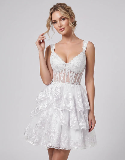 Lace & Tulle Sleeveless Sweetheart A-Line Mini Dress with Corset Bodice for Homecoming, Party, Cocktail, Evening & Wedding Gu | SKU: RMD-481950372684915-WHITE-L,RMD-481950372684915-WHITE-M,RMD-481950372684915-WHITE-S,RMD-481950372684915-WHITE-XL,RMD-481950372684915-WHITE-XS