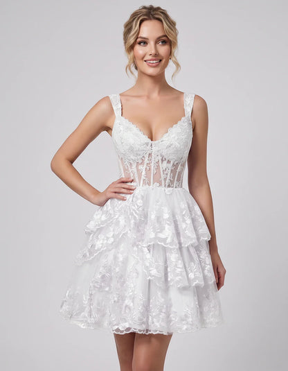 Lace & Tulle Sleeveless Sweetheart A-Line Mini Dress with Corset Bodice for Homecoming, Party, Cocktail, Evening & Wedding Gu | SKU: RMD-481950372684915-WHITE-L,RMD-481950372684915-WHITE-M,RMD-481950372684915-WHITE-S,RMD-481950372684915-WHITE-XL,RMD-481950372684915-WHITE-XS