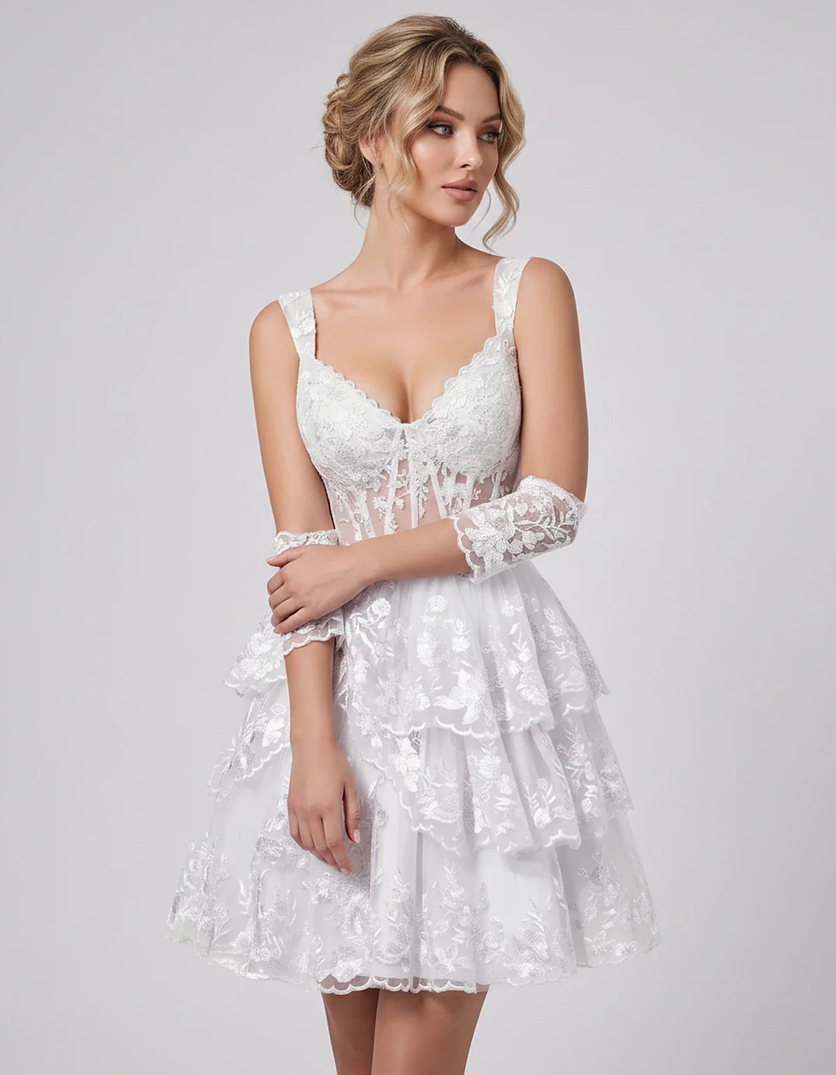 Lace & Tulle Sleeveless Sweetheart A-Line Mini Dress with Corset Bodice for Homecoming, Party, Cocktail, Evening & Wedding Gu | SKU: RMD-481950372684915-WHITE-L,RMD-481950372684915-WHITE-M,RMD-481950372684915-WHITE-S,RMD-481950372684915-WHITE-XL,RMD-481950372684915-WHITE-XS
