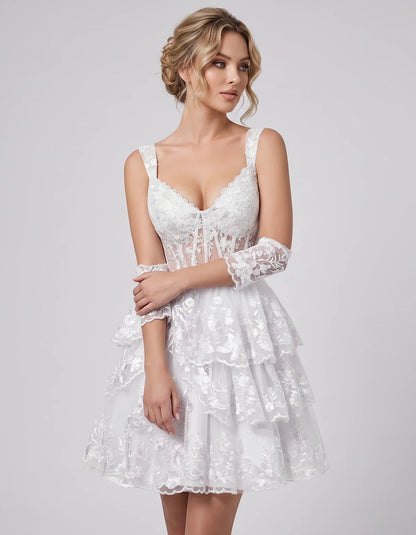 Lace & Tulle Sleeveless Sweetheart A-Line Mini Dress with Corset Bodice for Homecoming, Party, Cocktail, Evening & Wedding Gu | SKU: RMD-481950372684915-WHITE-L,RMD-481950372684915-WHITE-M,RMD-481950372684915-WHITE-S,RMD-481950372684915-WHITE-XL,RMD-481950372684915-WHITE-XS