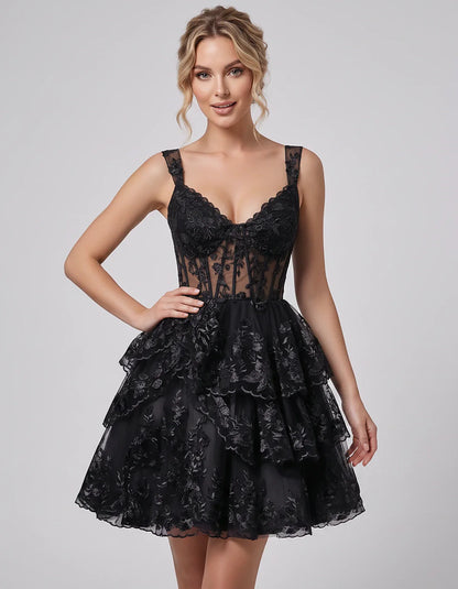 Lace & Tulle Sleeveless Sweetheart A-Line Mini Dress with Corset Bodice for Homecoming, Party, Cocktail, Evening & Wedding Gu | SKU: RMD-481950372684915-BLACK-L,RMD-481950372684915-BLACK-M,RMD-481950372684915-BLACK-S,RMD-481950372684915-BLACK-XL,RMD-481950372684915-BLACK-XS