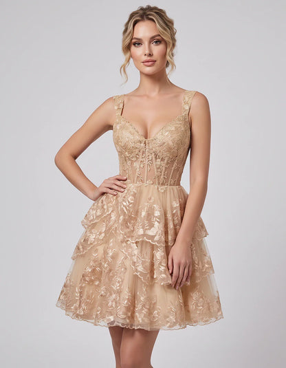 Lace & Tulle Sleeveless Sweetheart A-Line Mini Dress with Corset Bodice for Homecoming, Party, Cocktail, Evening & Wedding Gu | SKU: RMD-481950372684915-CHAMPAGNE-L,RMD-481950372684915-CHAMPAGNE-M,RMD-481950372684915-CHAMPAGNE-S,RMD-481950372684915-CHAMPAGNE-XL,RMD-481950372684915-CHAMPAGNE-XS
