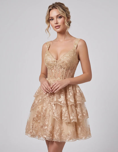 Lace & Tulle Sleeveless Sweetheart A-Line Mini Dress with Corset Bodice for Homecoming, Party, Cocktail, Evening & Wedding Gu | SKU: RMD-481950372684915-CHAMPAGNE-L,RMD-481950372684915-CHAMPAGNE-M,RMD-481950372684915-CHAMPAGNE-S,RMD-481950372684915-CHAMPAGNE-XL,RMD-481950372684915-CHAMPAGNE-XS
