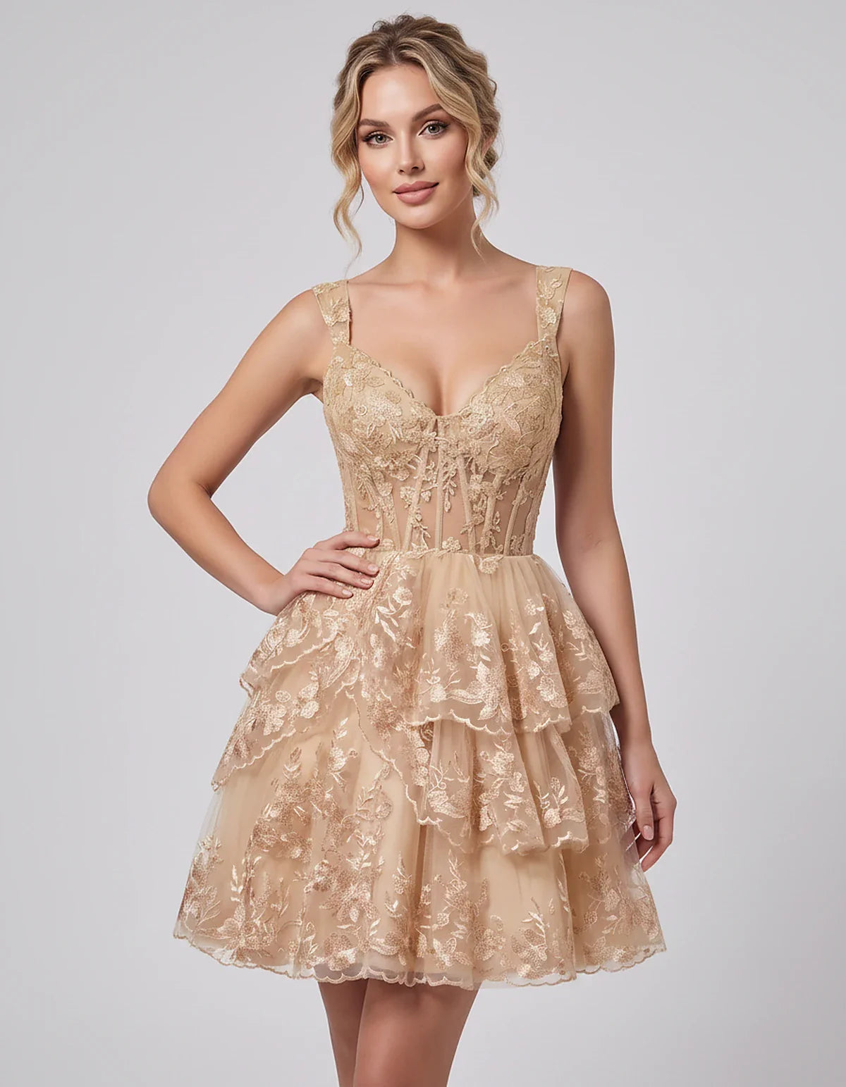 Lace & Tulle Sleeveless Sweetheart A-Line Mini Dress with Corset Bodice for Homecoming, Party, Cocktail, Evening & Wedding Gu | SKU: RMD-481950372684915-CHAMPAGNE-L,RMD-481950372684915-CHAMPAGNE-M,RMD-481950372684915-CHAMPAGNE-S,RMD-481950372684915-CHAMPAGNE-XL,RMD-481950372684915-CHAMPAGNE-XS