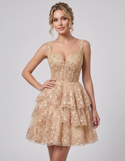Lace & Tulle Sleeveless Sweetheart A-Line Mini Dress with Corset Bodice for Homecoming, Party, Cocktail, Evening & Wedding Gu | SKU: RMD-481950372684915-CHAMPAGNE-L,RMD-481950372684915-CHAMPAGNE-M,RMD-481950372684915-CHAMPAGNE-S,RMD-481950372684915-CHAMPAGNE-XL,RMD-481950372684915-CHAMPAGNE-XS