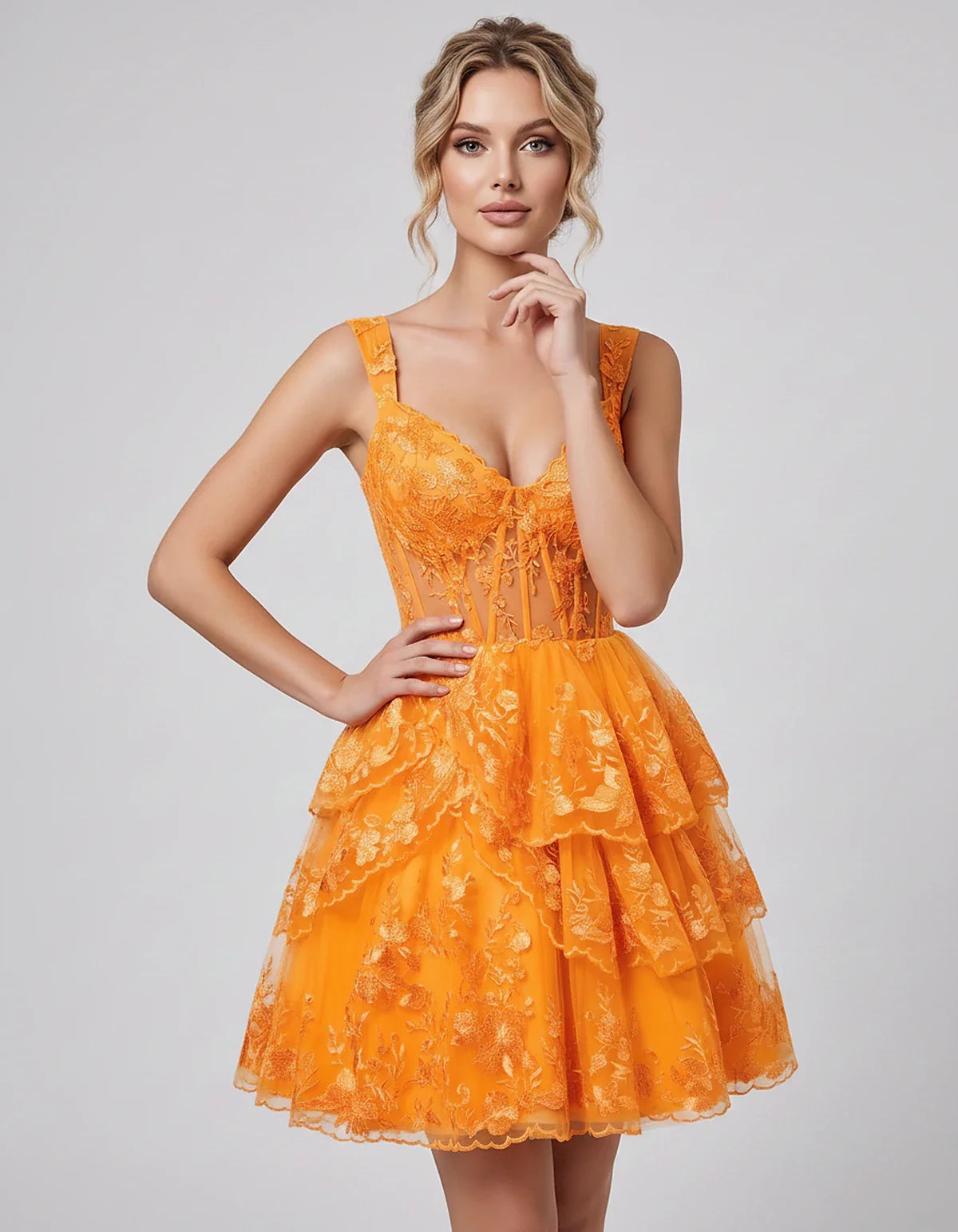 Lace & Tulle Sleeveless Sweetheart A-Line Mini Dress with Corset Bodice for Homecoming, Party, Cocktail, Evening & Wedding Gu | SKU: RMD-481950372684915-ORANGE-L,RMD-481950372684915-ORANGE-M,RMD-481950372684915-ORANGE-S,RMD-481950372684915-ORANGE-XL,RMD-481950372684915-ORANGE-XS