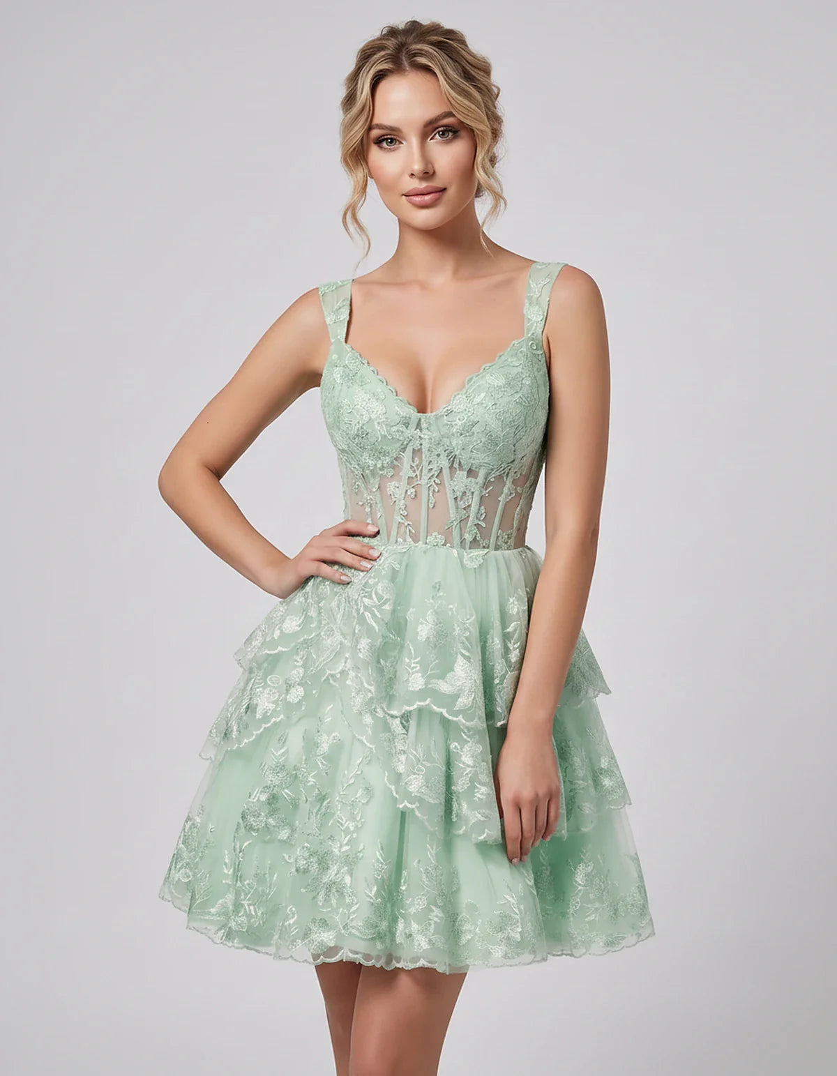 Lace & Tulle Sleeveless Sweetheart A-Line Mini Dress with Corset Bodice for Homecoming, Party, Cocktail, Evening & Wedding Gu | SKU: RMD-481950372684915-MINT-L,RMD-481950372684915-MINT-M,RMD-481950372684915-MINT-S,RMD-481950372684915-MINT-XL,RMD-481950372684915-MINT-XS