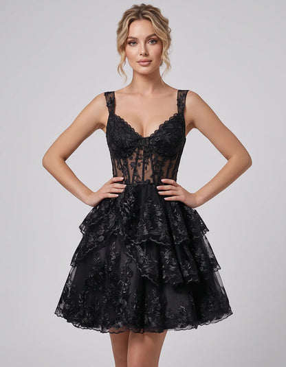 Lace & Tulle Sleeveless Sweetheart A-Line Mini Dress with Corset Bodice for Homecoming, Party, Cocktail, Evening & Wedding Gu | SKU: RMD-481950372684915-BLACK-L,RMD-481950372684915-BLACK-M,RMD-481950372684915-BLACK-S,RMD-481950372684915-BLACK-XL,RMD-481950372684915-BLACK-XS