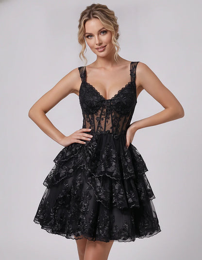 Lace & Tulle Sleeveless Sweetheart A-Line Mini Dress with Corset Bodice for Homecoming, Party, Cocktail, Evening & Wedding Gu | SKU: RMD-481950372684915-BLACK-L,RMD-481950372684915-BLACK-M,RMD-481950372684915-BLACK-S,RMD-481950372684915-BLACK-XL,RMD-481950372684915-BLACK-XS