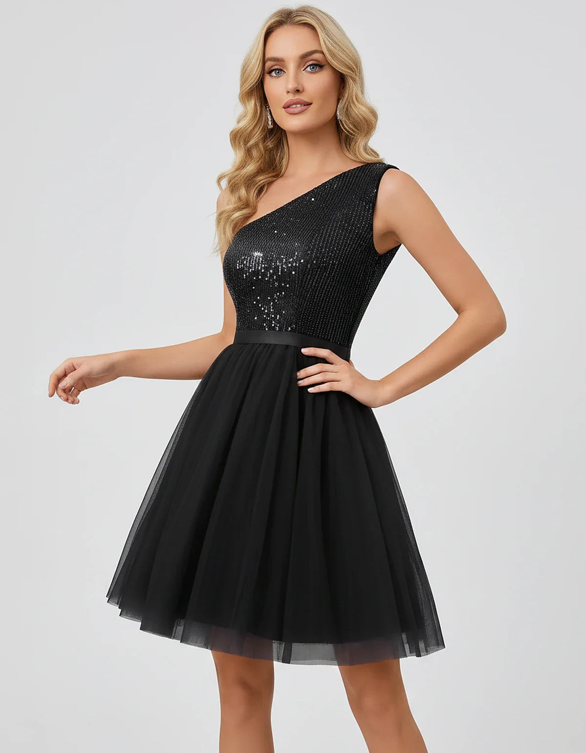 Sequin One-Shoulder Sleeveless A-Line Mini Dress with Layered Tulle for Homecoming, Graduation, Cocktail, Party, Evening & We | SKU: CMD-583917462850174-BLACK-L,CMD-583917462850174-BLACK-M,CMD-583917462850174-BLACK-S,CMD-583917462850174-BLACK-XL,CMD-583917462850174-BLACK-XS