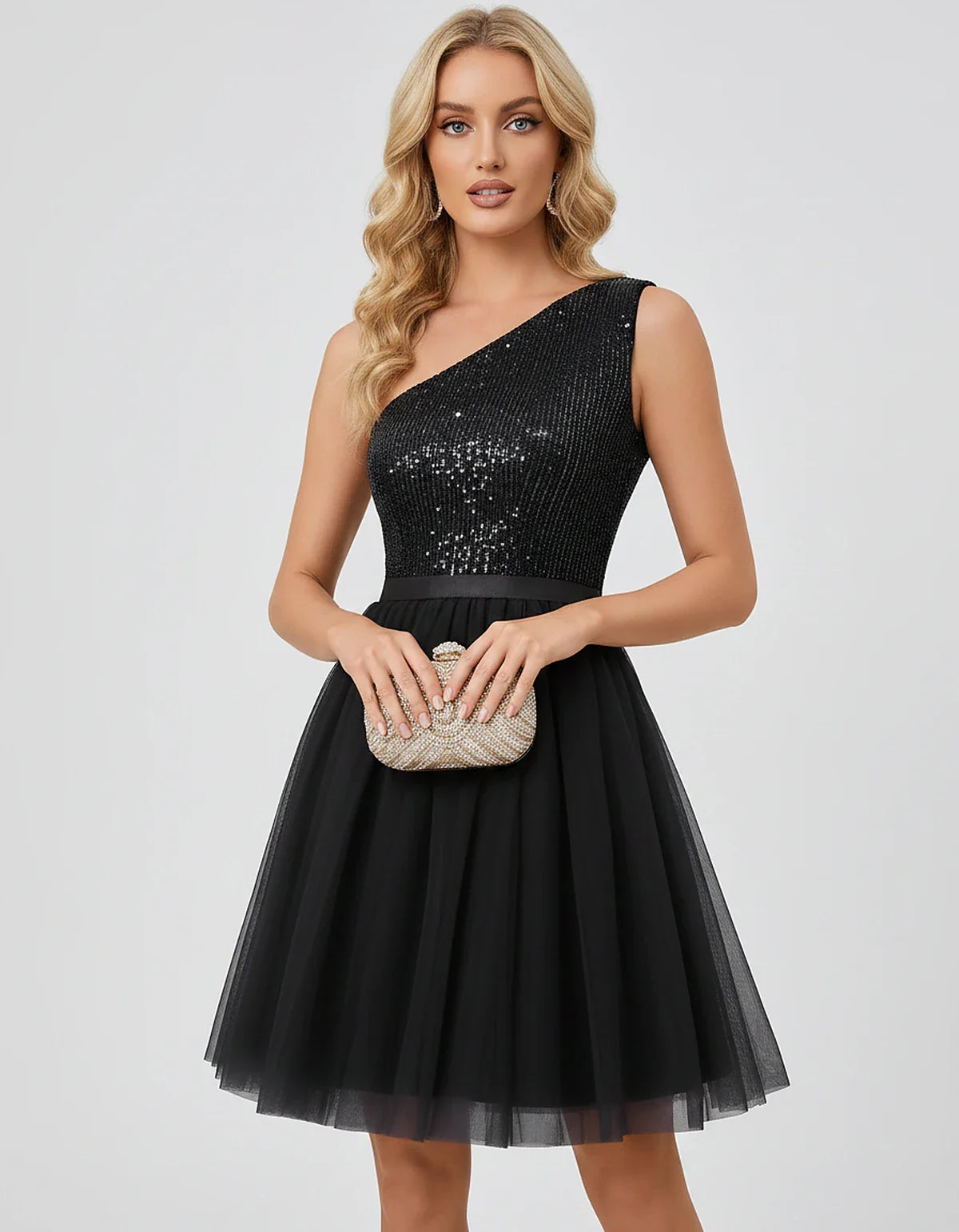 Sequin One-Shoulder Sleeveless A-Line Mini Dress with Layered Tulle for Homecoming, Graduation, Cocktail, Party, Evening & We | SKU: CMD-583917462850174-BLACK-L,CMD-583917462850174-BLACK-M,CMD-583917462850174-BLACK-S,CMD-583917462850174-BLACK-XL,CMD-583917462850174-BLACK-XS